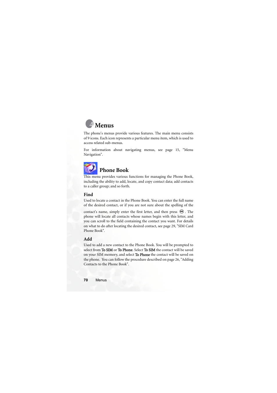 Menus, Phone book, Find | Find add | BenQ M300 User Manual | Page 84 / 138