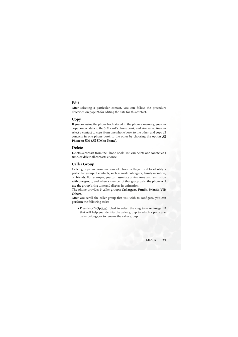 Edit, Copy, Delete | Caller group, Edit copy delete caller group | BenQ M300 User Manual | Page 85 / 138