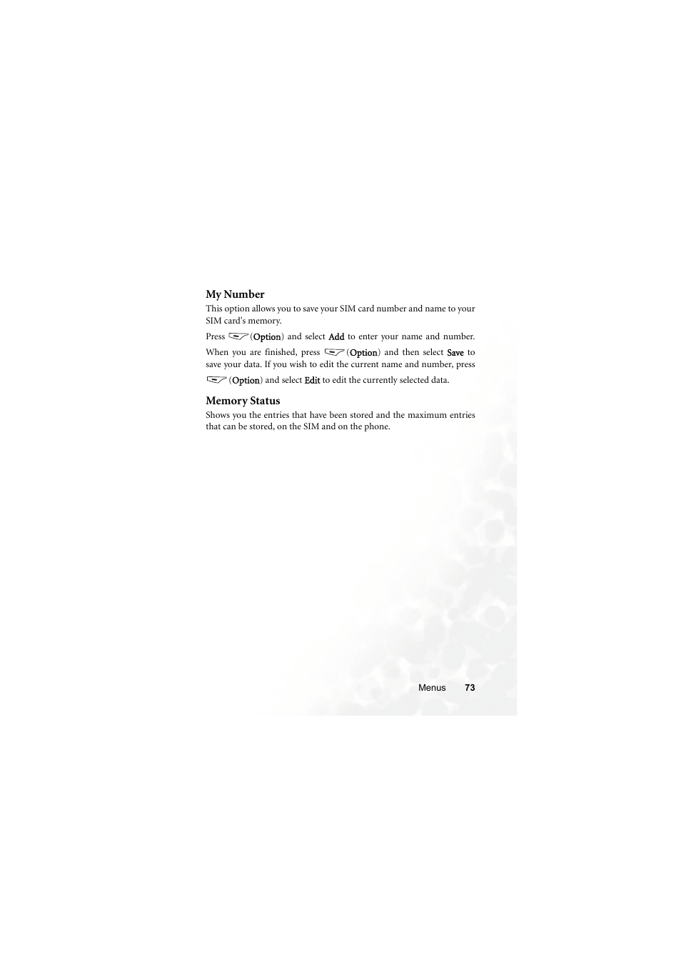 My number, Memory status, My number memory status | BenQ M300 User Manual | Page 87 / 138