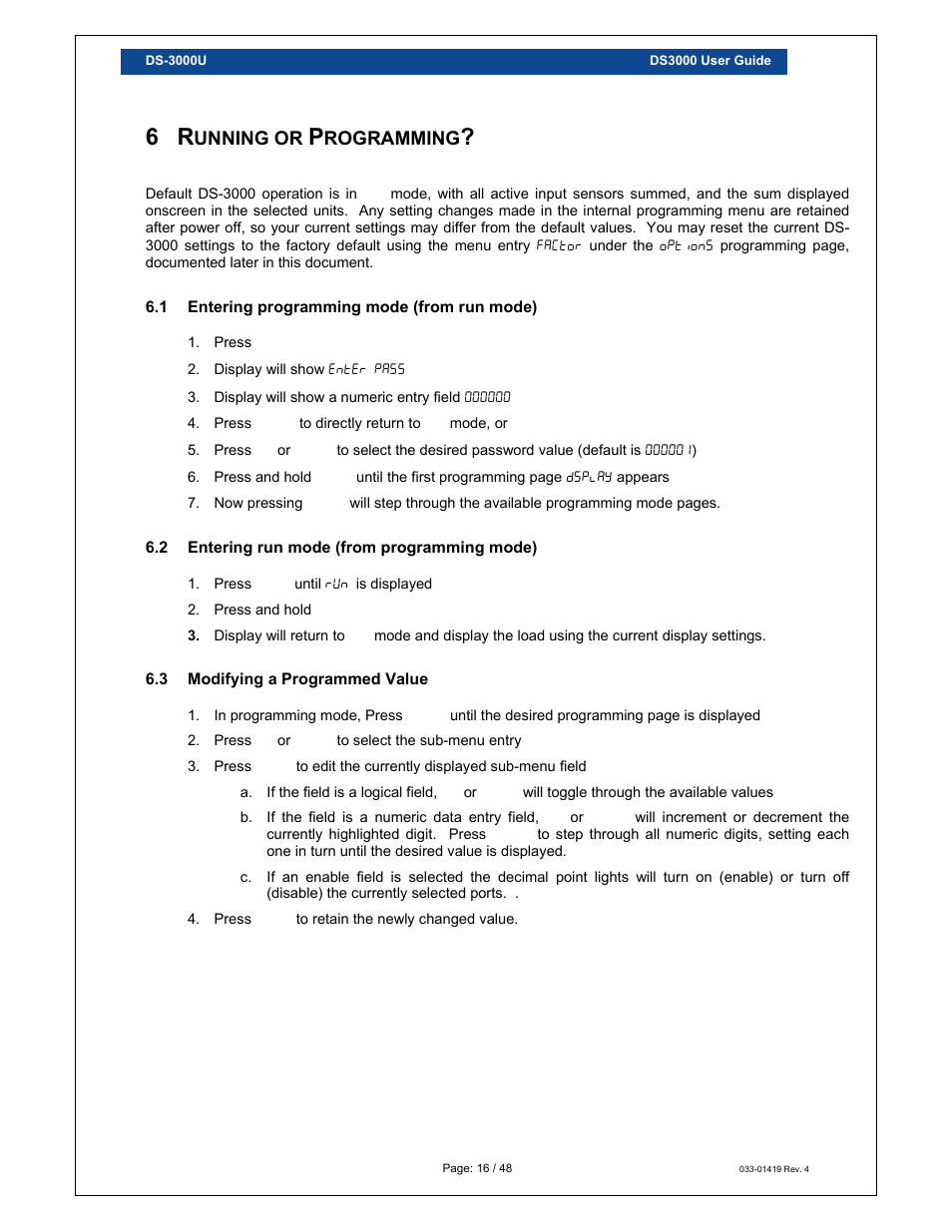 Unning or, Rogramming | Loadstar Sensors DS-3000 Digital Load Cell Display & Controller User Manual | Page 16 / 48