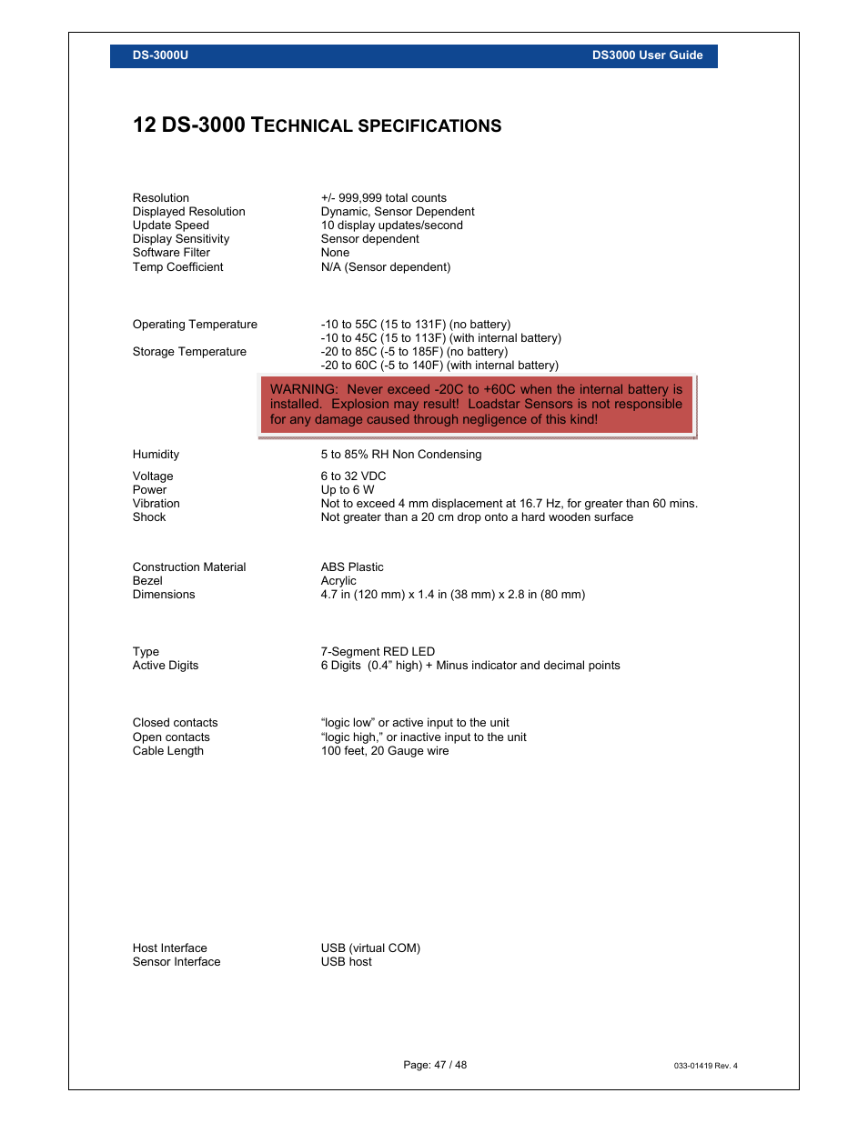 Echnical specifications | Loadstar Sensors DS-3000 Digital Load Cell Display & Controller User Manual | Page 47 / 48