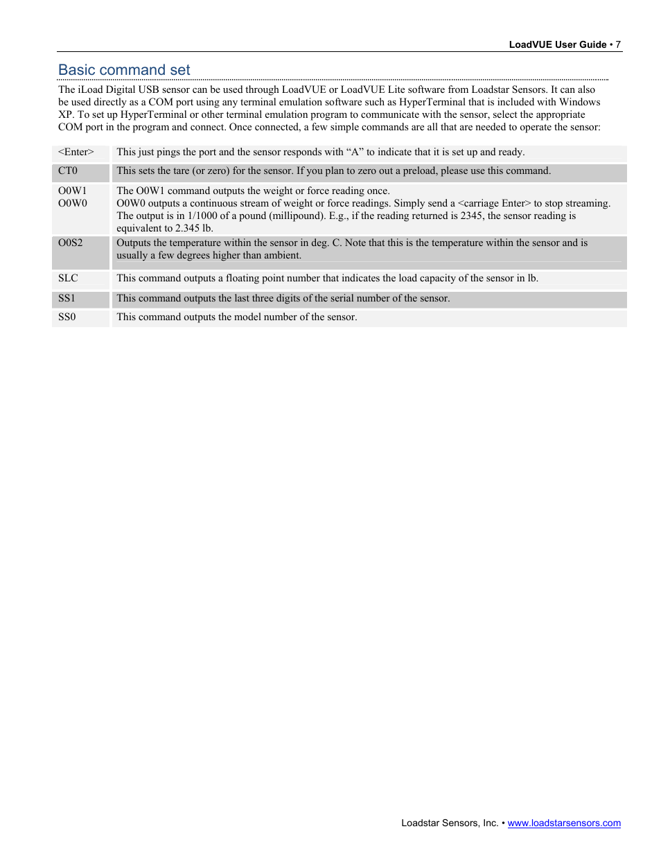 Basic command set | Loadstar Sensors LV-100 User Manual | Page 8 / 9