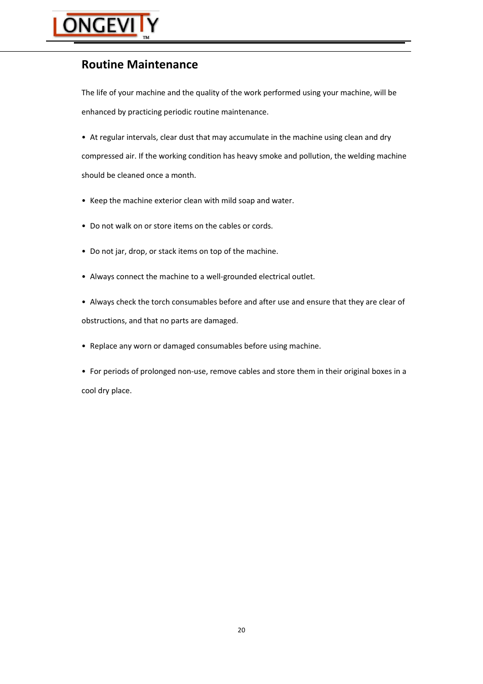 Routine maintenance | Longevity FORCECUT 42i User Manual | Page 20 / 21