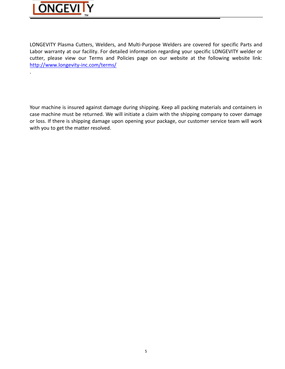 Warranty, Shipping damage | Longevity FORCECUT 42i User Manual | Page 5 / 21