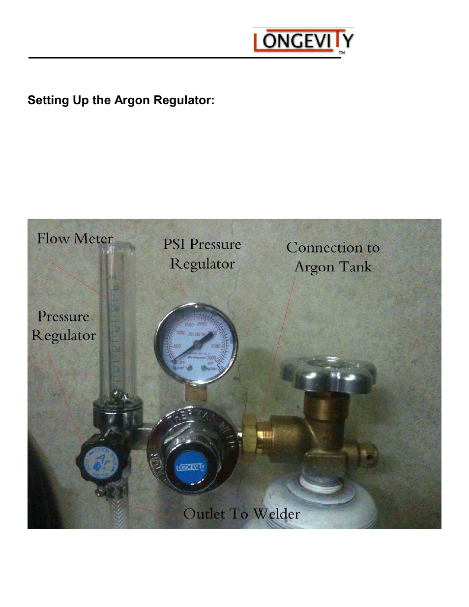 Setting up the argon regulator | Longevity WeldAll 160PI/200PI/250PI User Manual | Page 36 / 49