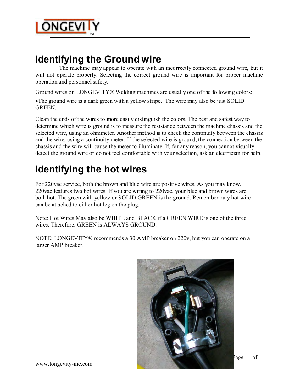 Finished plug, Identifying the ground wire, Identifying the hot wires | Forcecut 40d and 50d plasma cutters | Longevity FORCECUT 50D User Manual | Page 14 / 30