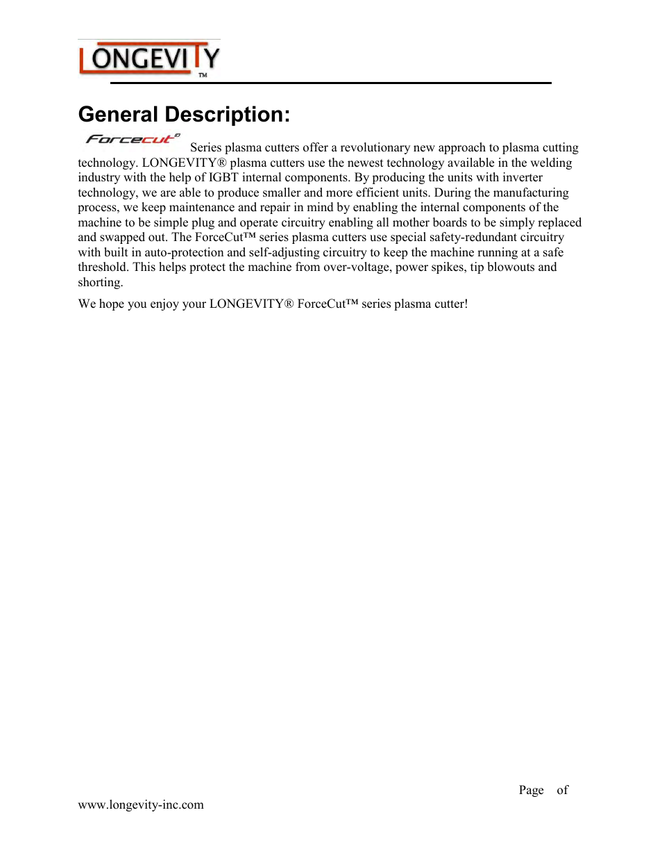 General description, Forcecut 40d and 50d plasma cutters | Longevity FORCECUT 50D User Manual | Page 6 / 30