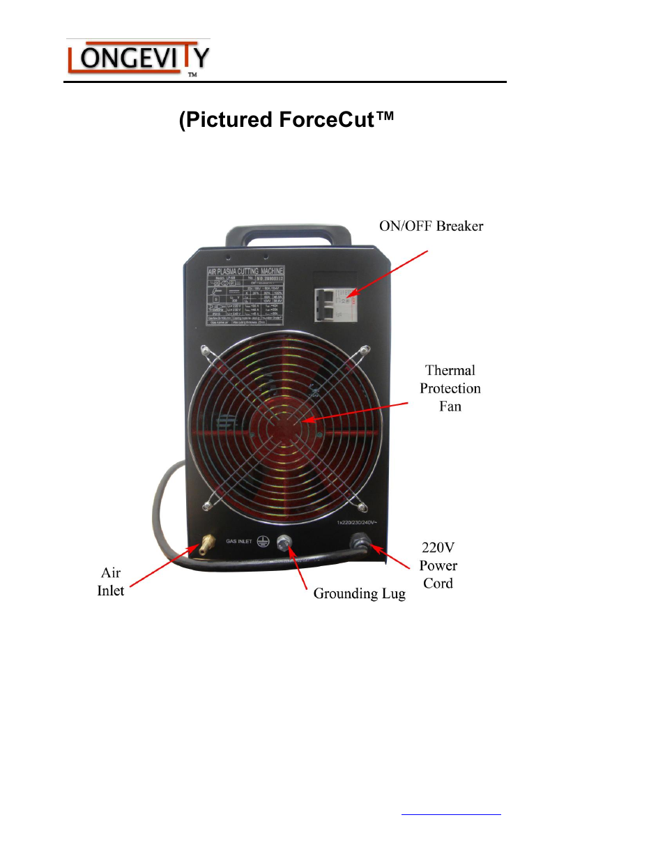 Rear view (pictured forcecut™ 60i plasma cutter) | Longevity FORCECUT 60i User Manual | Page 16 / 34