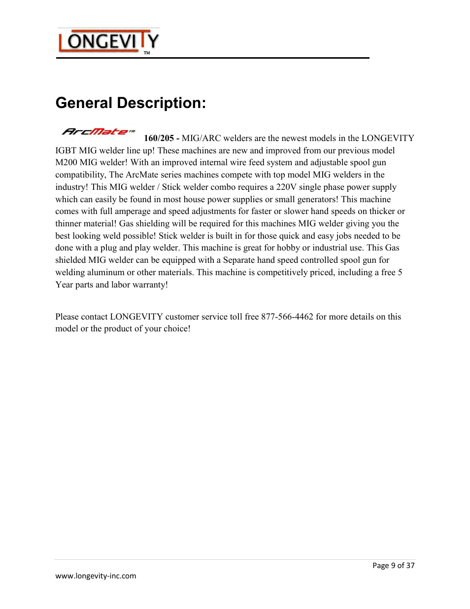 General description | Longevity ARCMATE 205 User Manual | Page 10 / 39