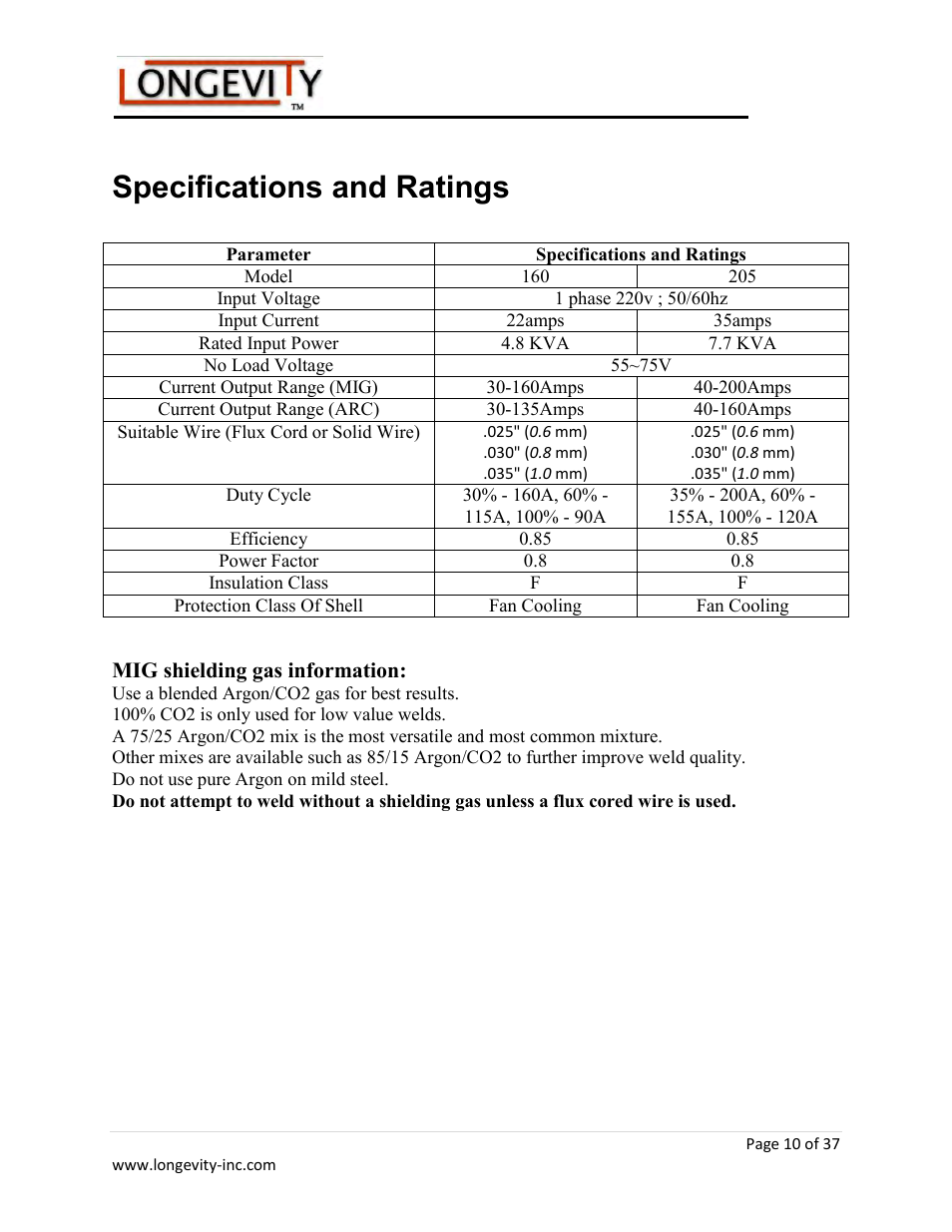 Specifications and ratings | Longevity ARCMATE 205 User Manual | Page 11 / 39