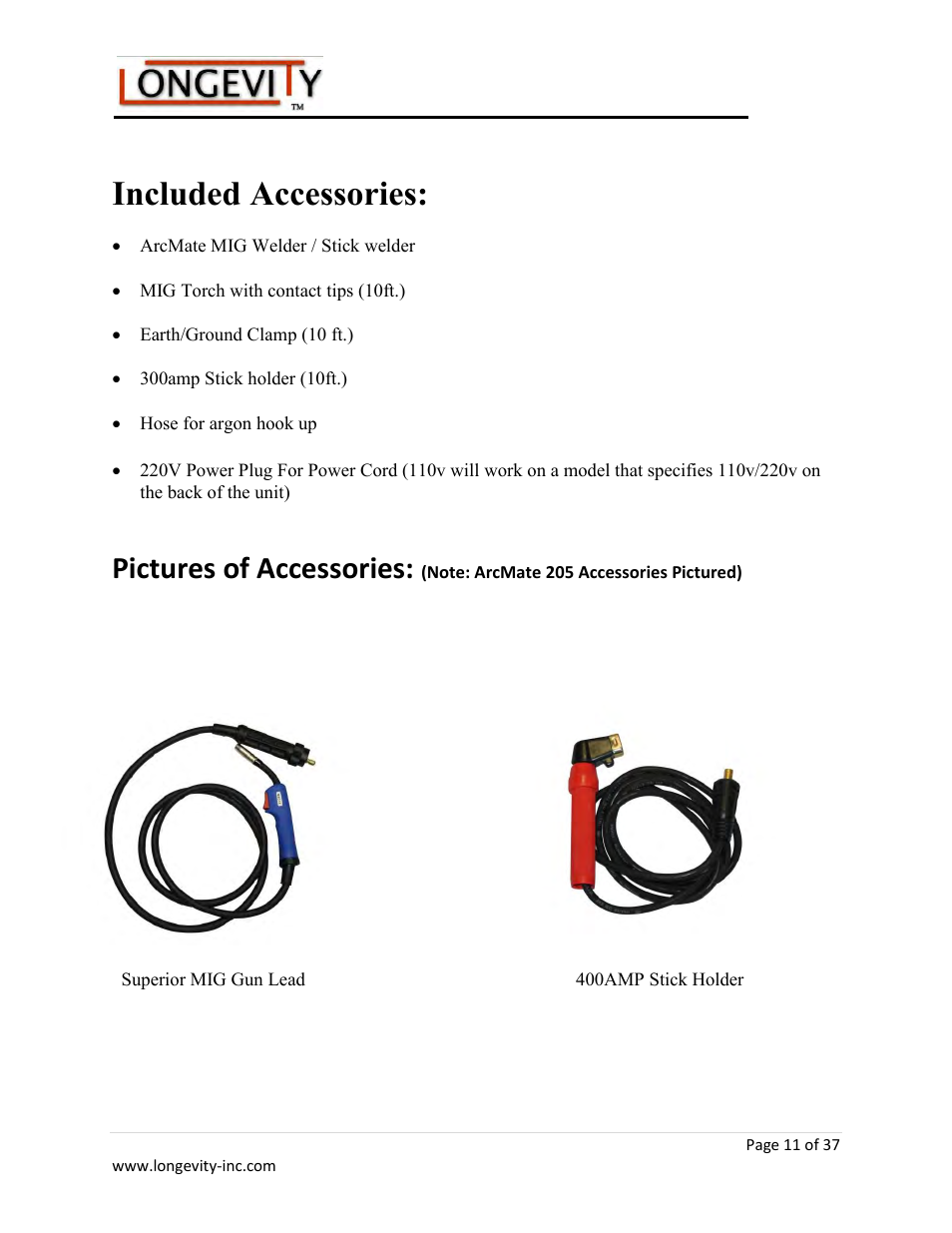 Included accessories, Pictures of accessories | Longevity ARCMATE 205 User Manual | Page 12 / 39