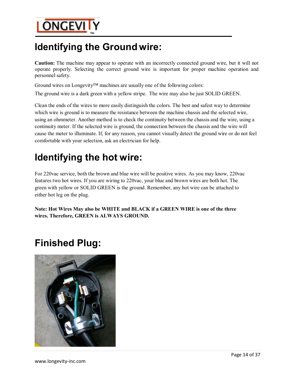 Identifying the ground wire, Identifying the hot wire, Finished plug | Longevity ARCMATE 205 User Manual | Page 15 / 39