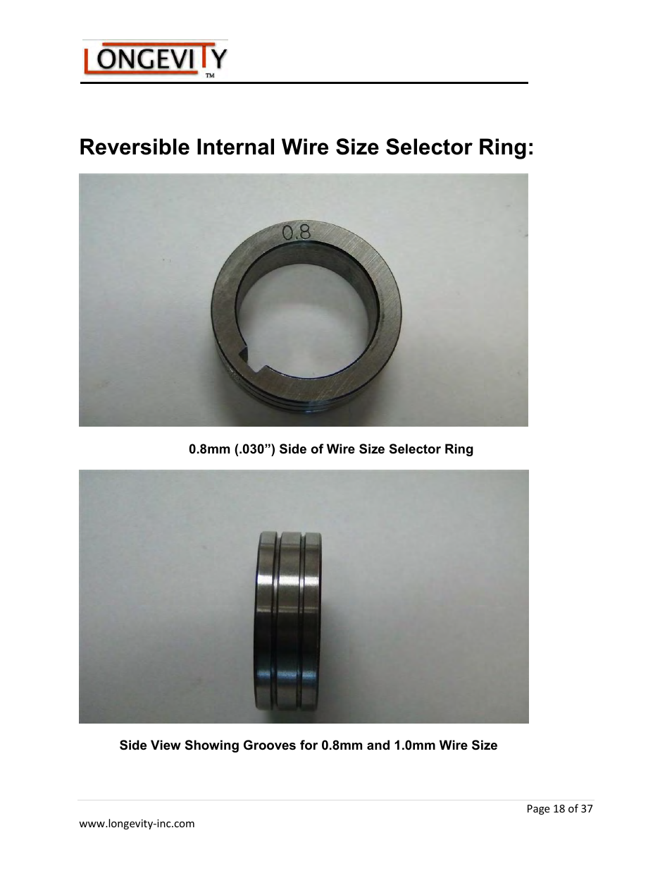 Reversible internal wire size selector ring | Longevity ARCMATE 205 User Manual | Page 19 / 39