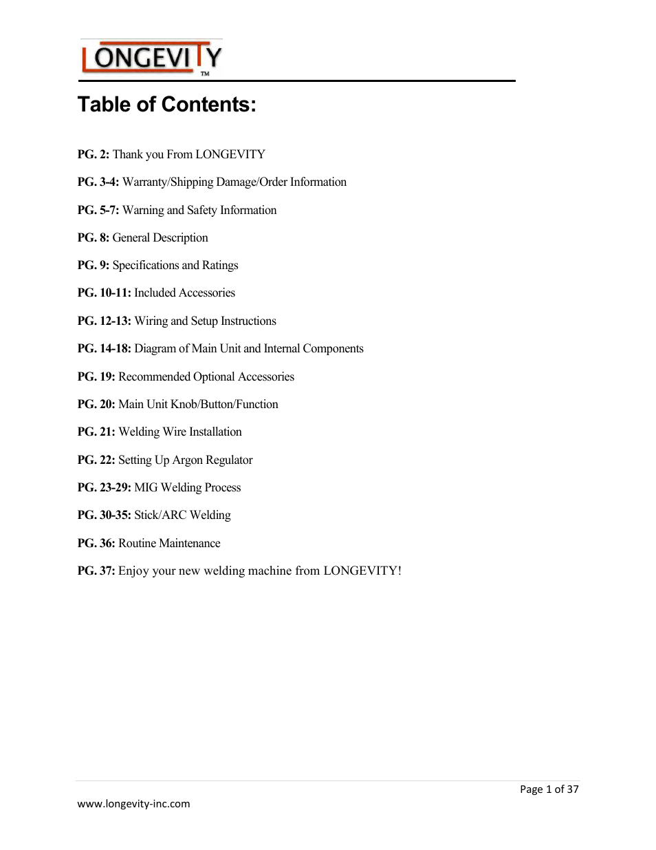 Longevity ARCMATE 205 User Manual | Page 2 / 39