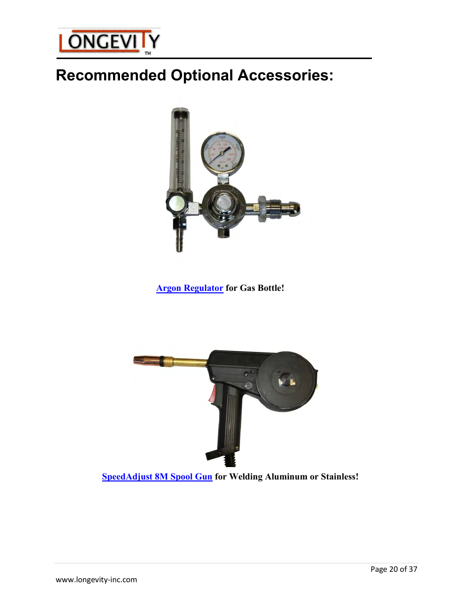 Recommended optional accessories | Longevity ARCMATE 205 User Manual | Page 21 / 39