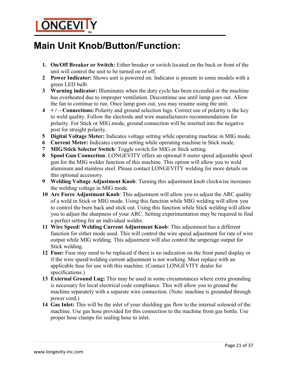 Main unit knob/button/function | Longevity ARCMATE 205 User Manual | Page 22 / 39