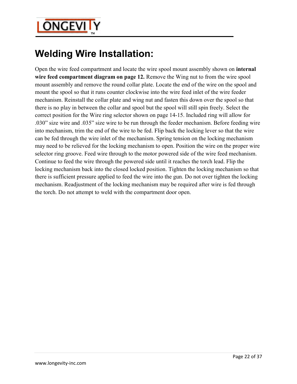 Welding wire installation | Longevity ARCMATE 205 User Manual | Page 23 / 39