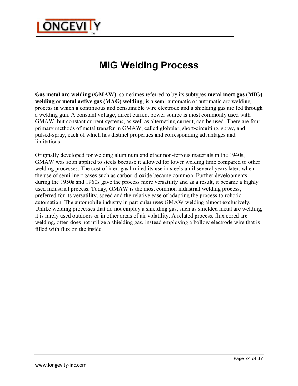 Mig welding process | Longevity ARCMATE 205 User Manual | Page 25 / 39