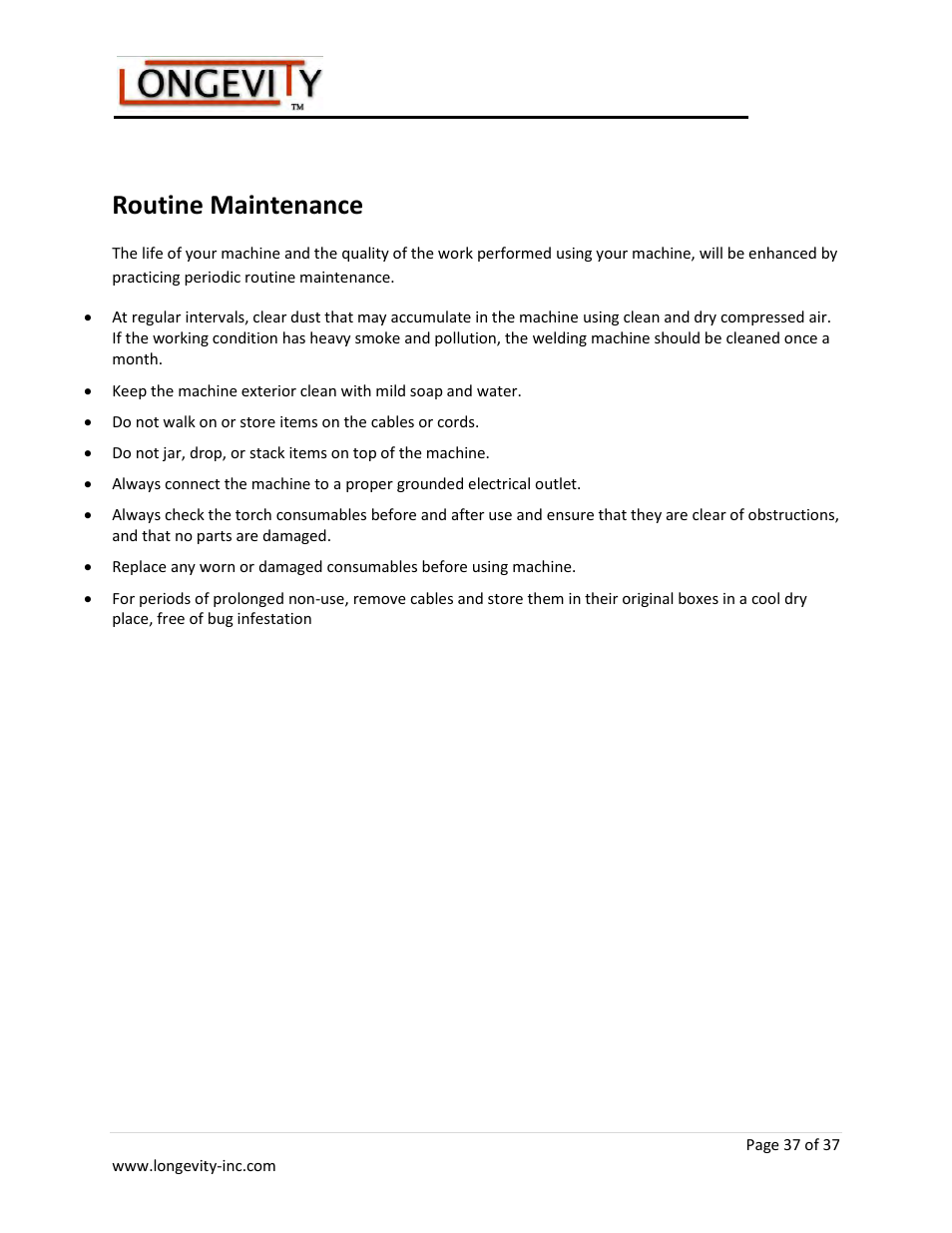 Routine maintenance | Longevity ARCMATE 205 User Manual | Page 38 / 39