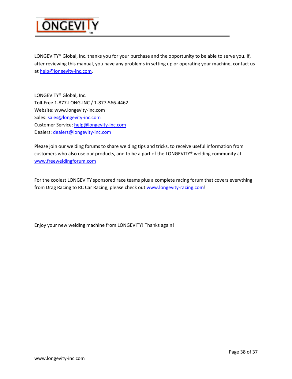 Longevity ARCMATE 205 User Manual | Page 39 / 39