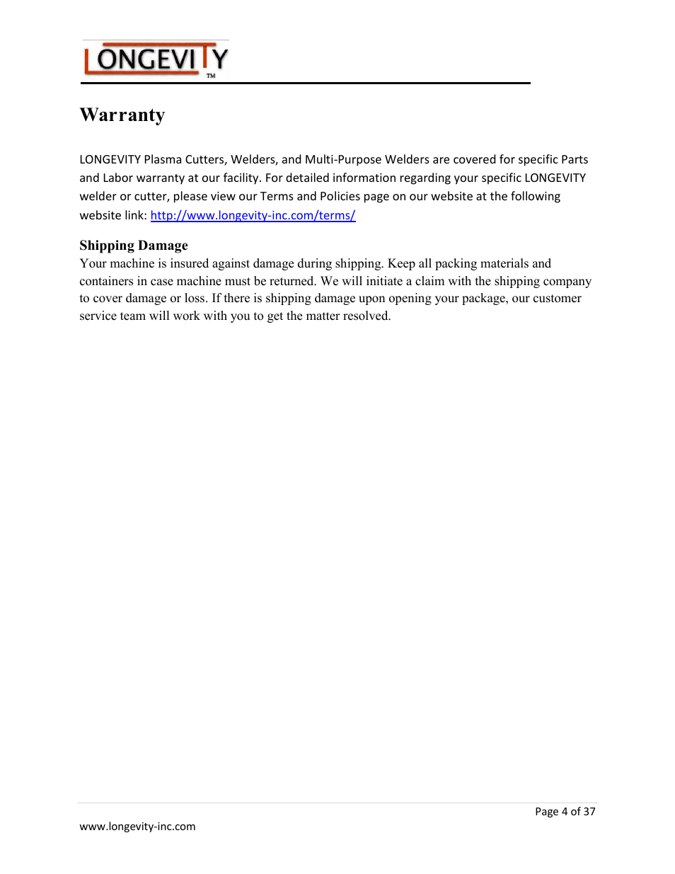 Warranty | Longevity ARCMATE 205 User Manual | Page 5 / 39