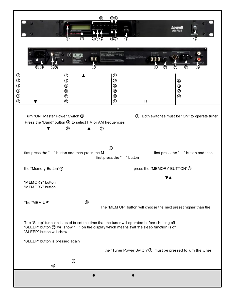 Lowell manufacturing company, Amfm1 front panel, Amfm1 rear panel | Lowell AMFM1 User Manual | Page 3 / 4