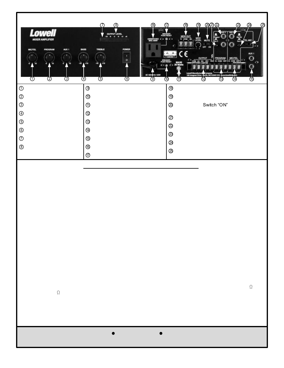 Ma30 front panel, Ma30 rear panel, Amplifier installation and connection | Lowell manufacturing company | Lowell MA30 User Manual | Page 4 / 8