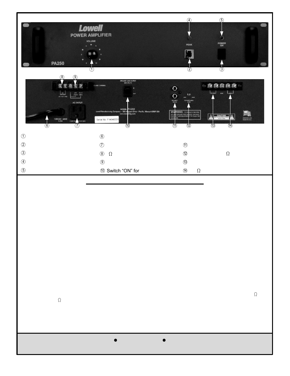 Amplifier installation and connection, Pa250 rear panel, Pa250 front panel | Lowell manufacturing company | Lowell PA250 User Manual | Page 4 / 8