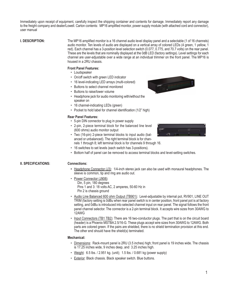 Lowell MP16 User Manual | Page 2 / 9