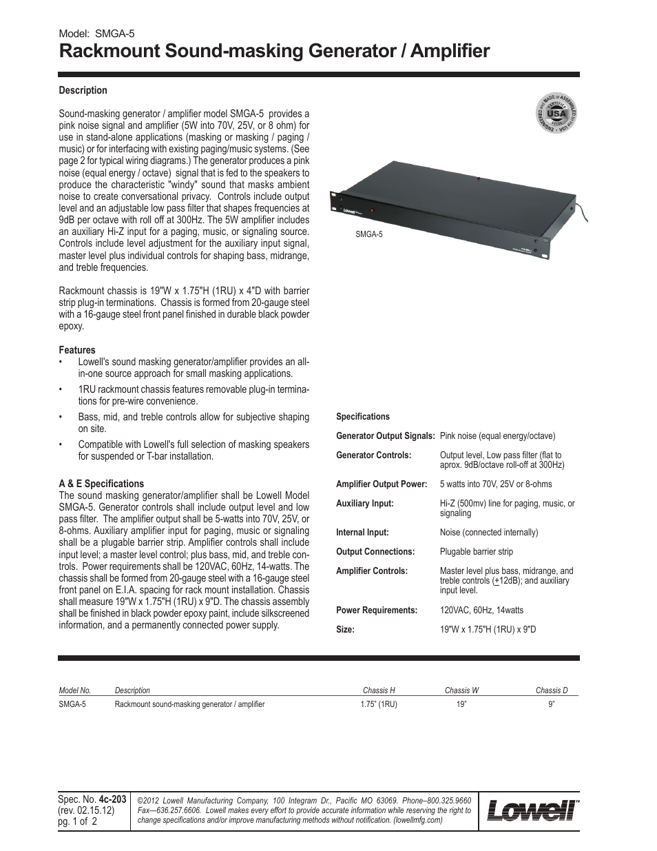 Lowell SMGA-5 User Manual | 2 pages