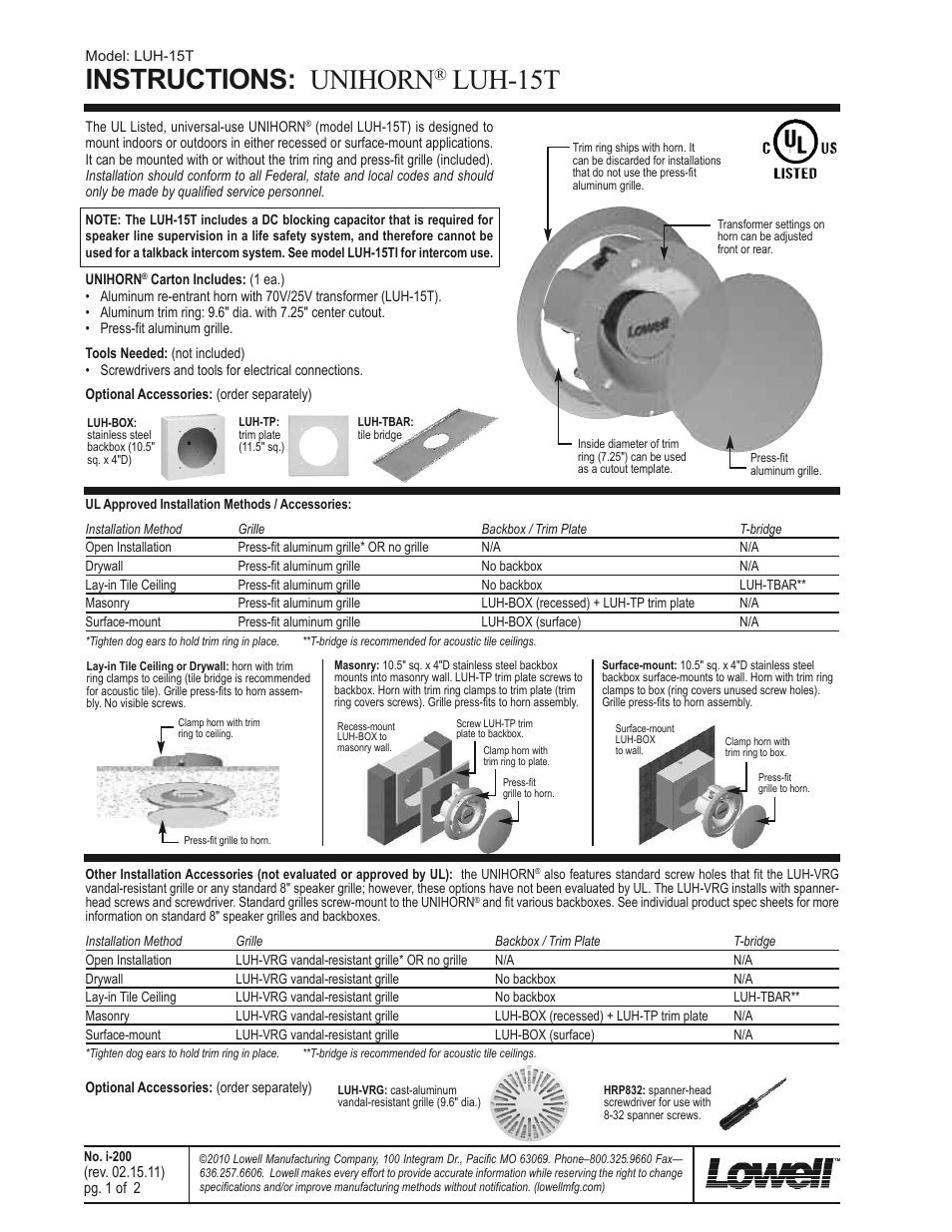 Lowell UNIHORN LUH-15T User Manual | 2 pages