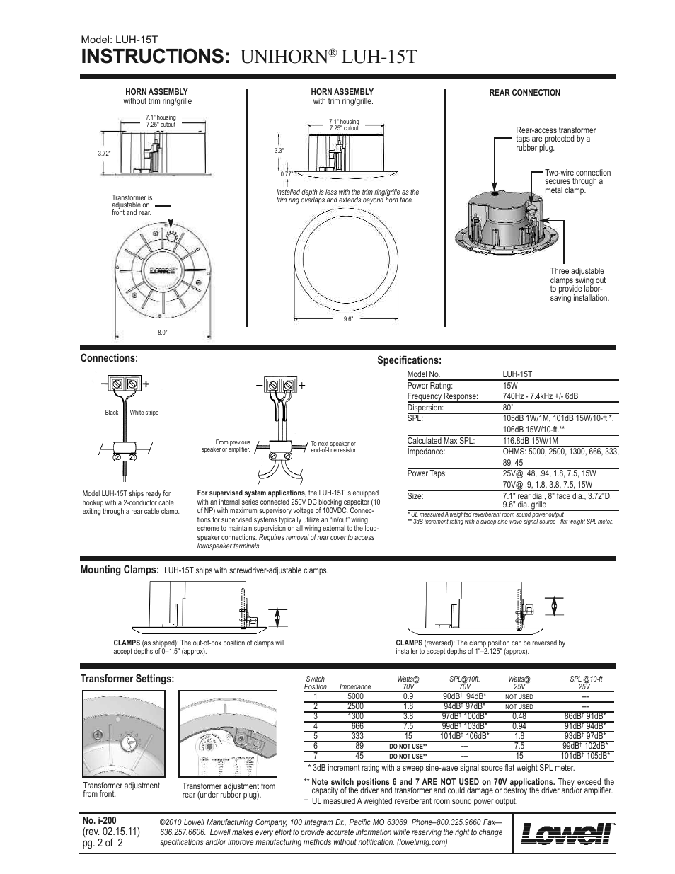 Instructions: unihorn, Luh-15t, Transformer settings | Mounting clamps, Connections: specifications | Lowell UNIHORN LUH-15T User Manual | Page 2 / 2