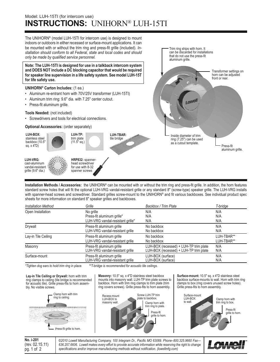 Lowell UNIHORN LUH-15TI User Manual | 2 pages