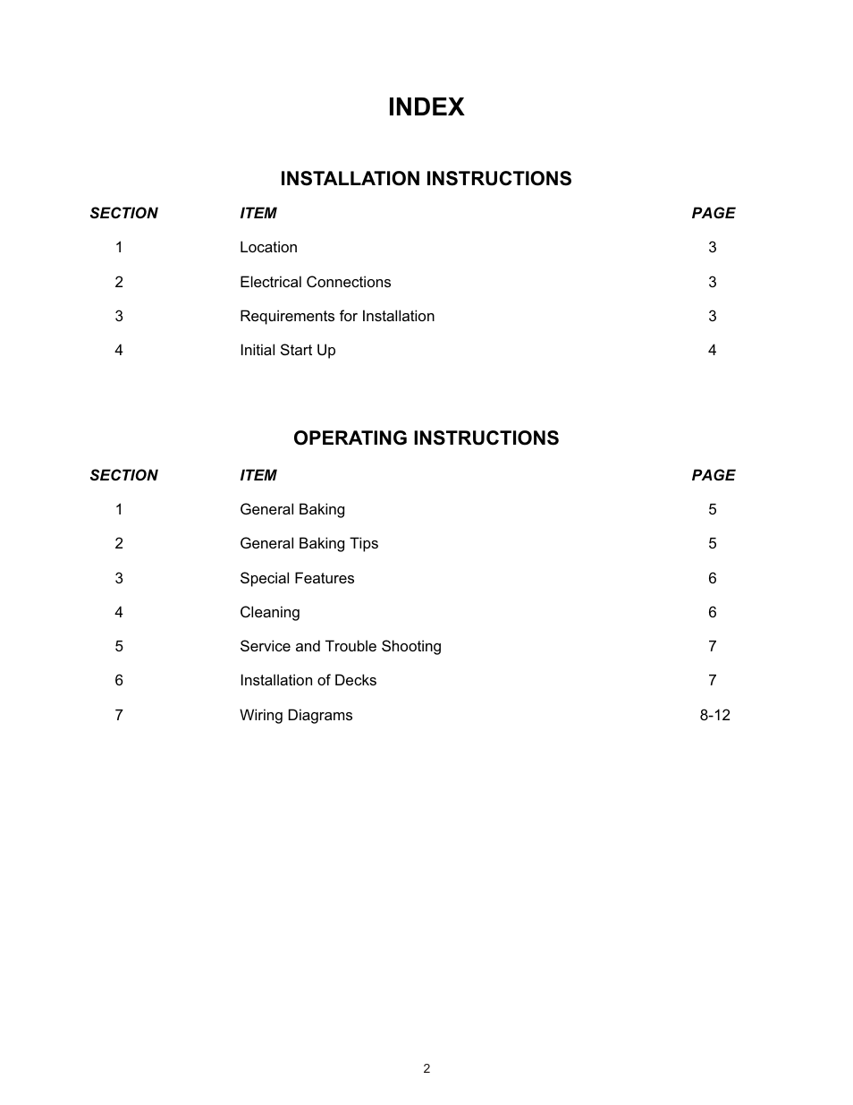 Index, Installation instructions, Operating instructions | Bakers Pride P-22S User Manual | Page 2 / 12