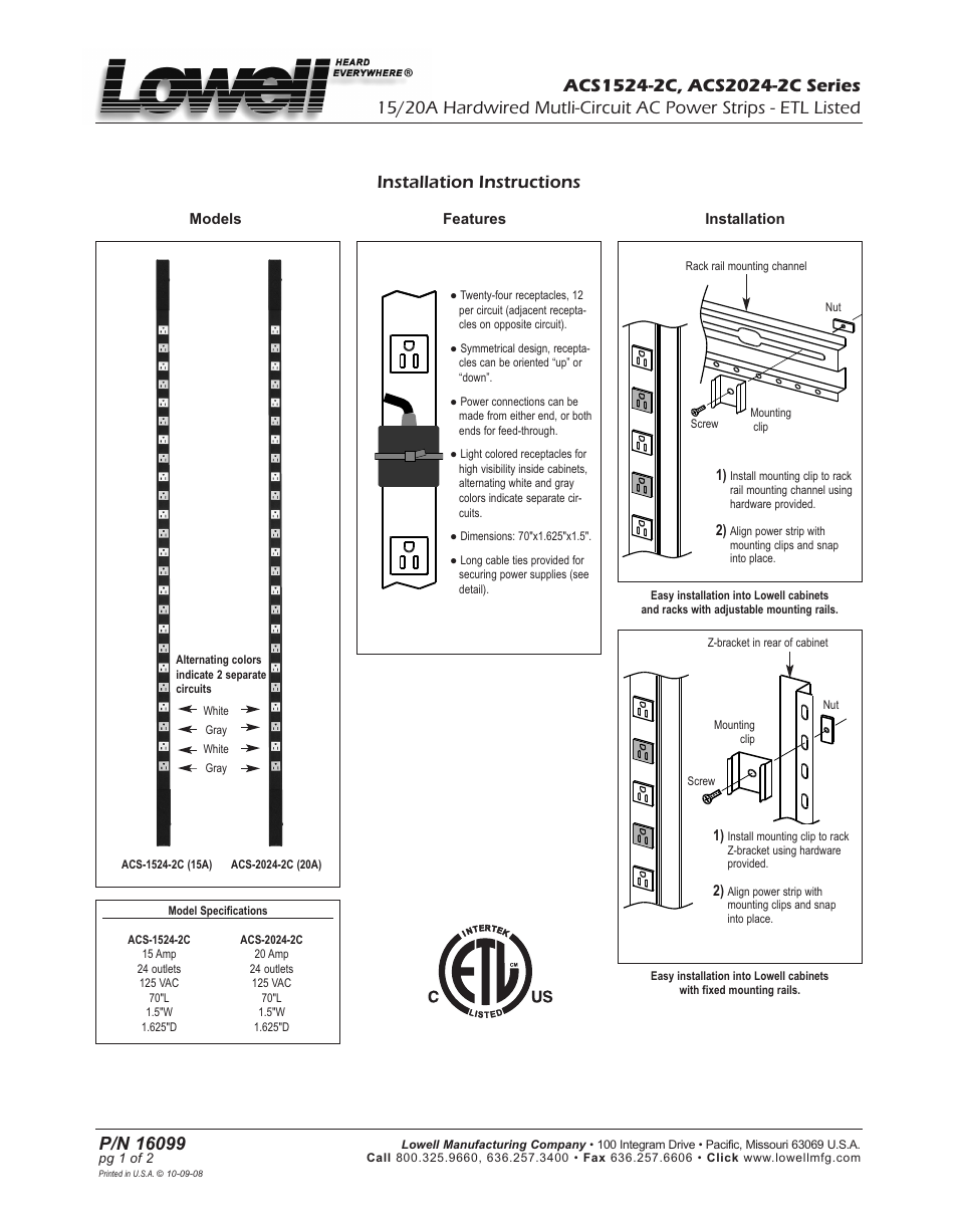 Lowell ACS2024-2C Series User Manual | 2 pages