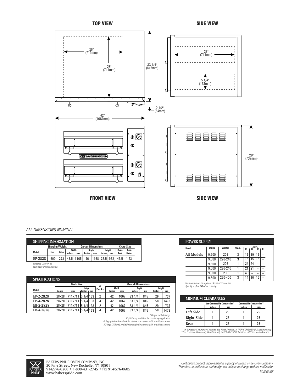 Top view front view side view side view, All dimensions nominal | Bakers Pride EP-4-2828 User Manual | Page 2 / 2