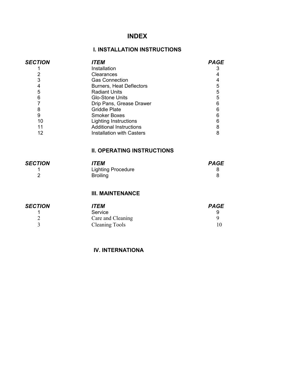 Index, I. installation instructions, Iii. maintenance | 1service9, Iv. international distribution & service centers | Bakers Pride LC User Manual | Page 2 / 12