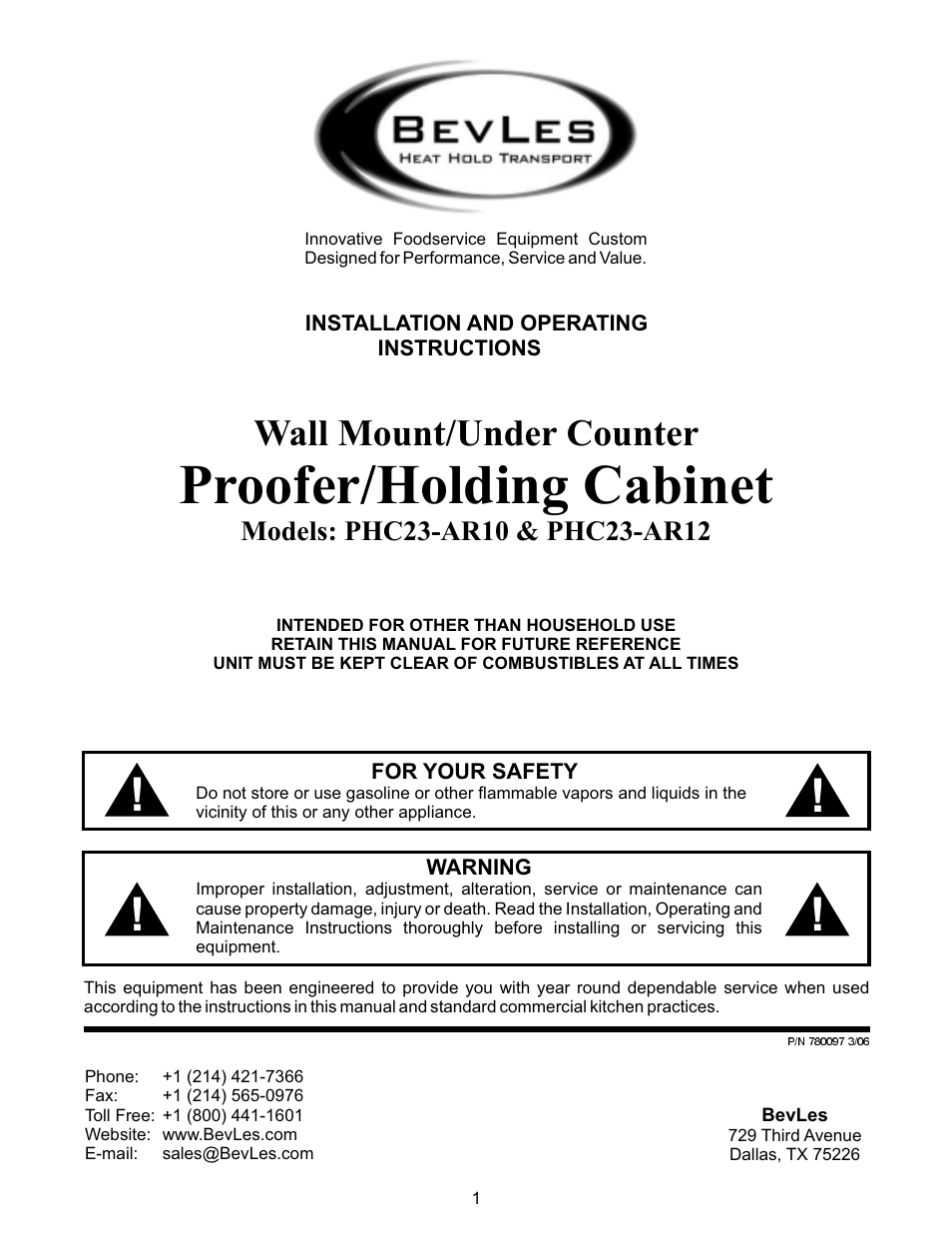 BevLes Proofer/Holding Cabinet PHC23-AR10 User Manual | 12 pages