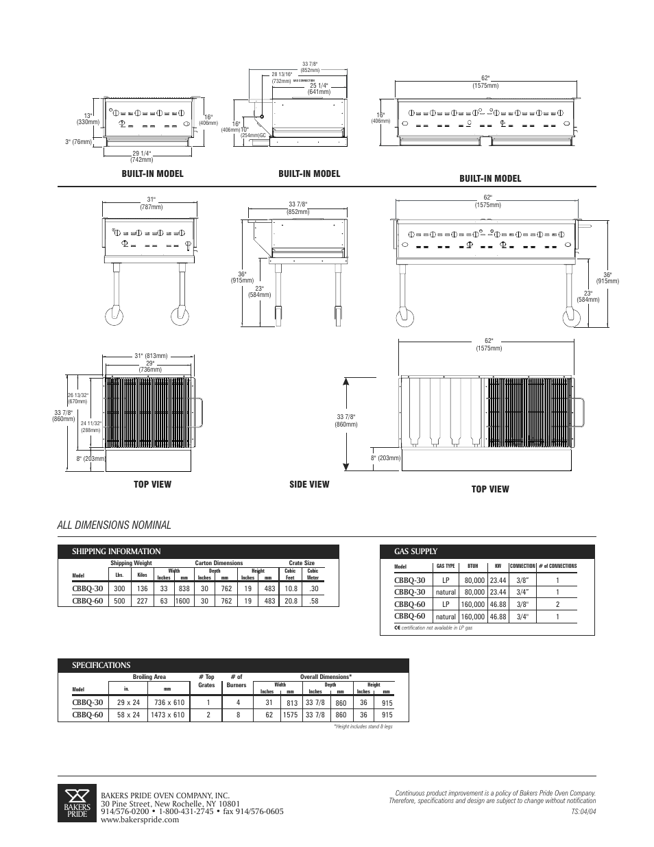 All dimensions nominal | Bakers Pride CBBQ-30S-BI User Manual | Page 2 / 2