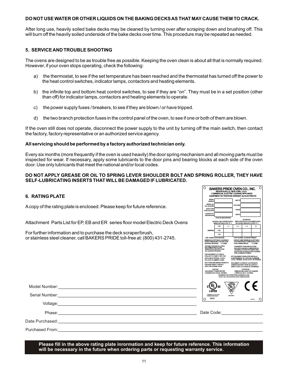 Date purchased: purchased from: 11 | Bakers Pride ER User Manual | Page 11 / 16