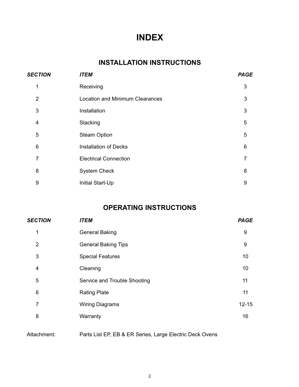 Index, Installation instructions, Operating instructions | Bakers Pride ER User Manual | Page 2 / 16