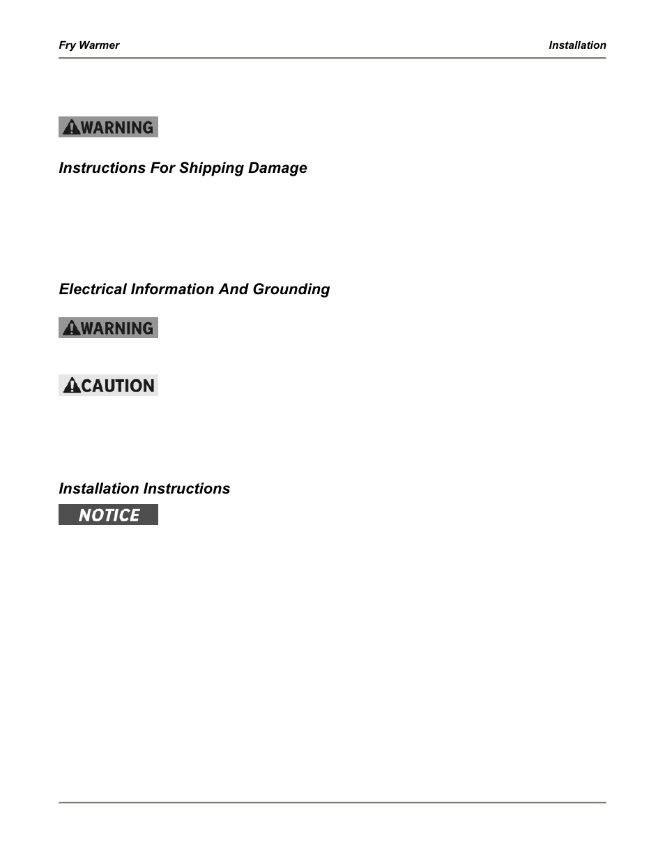 Installation, Instructions for shipping damage, Electrical information and grounding | Installation instructions, Fw-12 & fw-12t (side breather) | Bakers Pride Fry Warmer FW-12T User Manual | Page 7 / 36