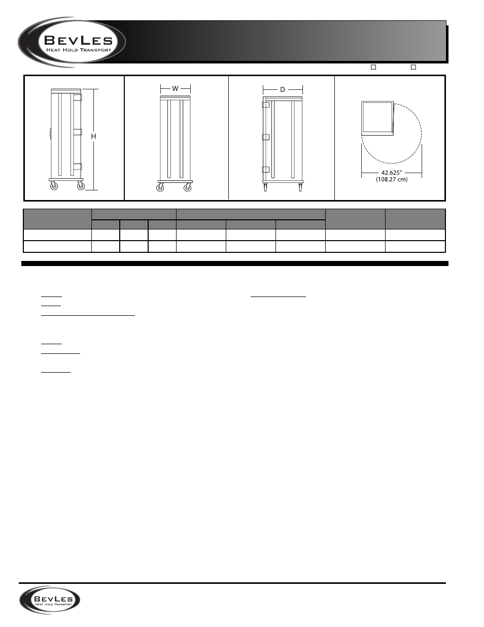 Transi-tray cabinets, Heavy-duty insulated, Construction | Pan support assembly, Casters, Shipping | BevLes CA71-IN39 User Manual | Page 2 / 2