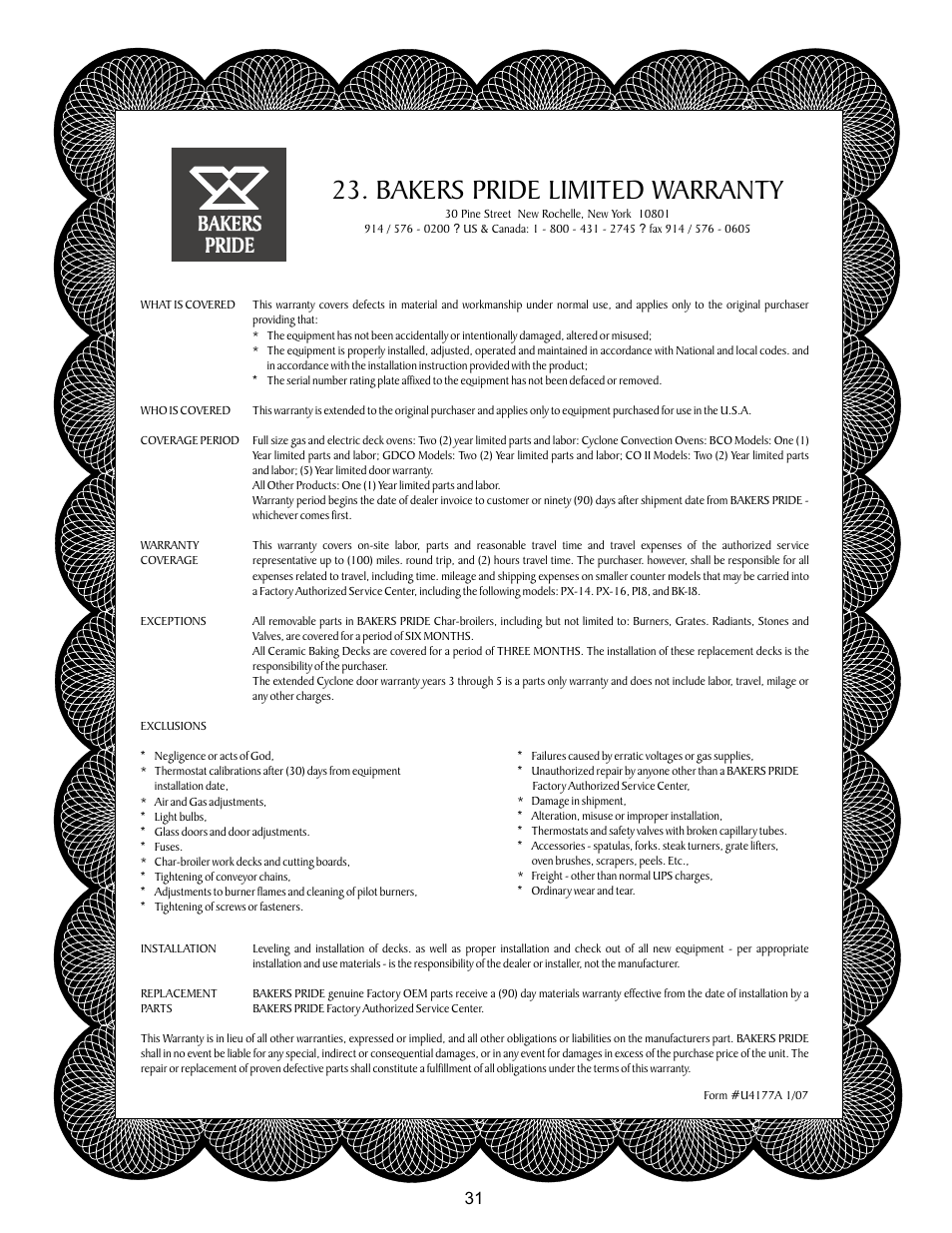 Bakers pride limited warranty | Bakers Pride COUNTERTOP VH1828G User Manual | Page 31 / 32