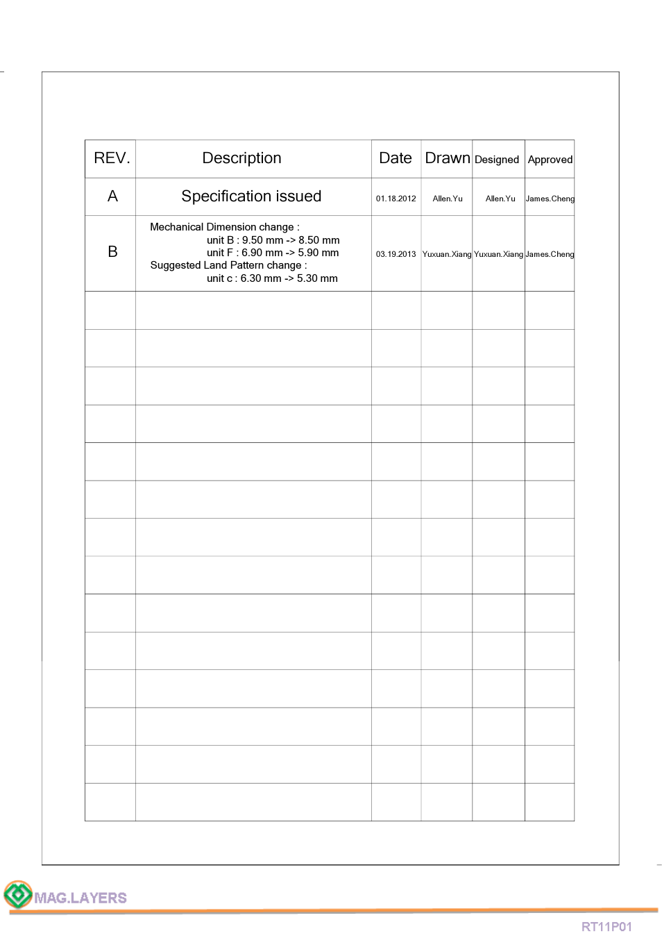 Rev. description date drawn, A specification issued | Mag Layers USA RT11P01 User Manual | Page 2 / 7