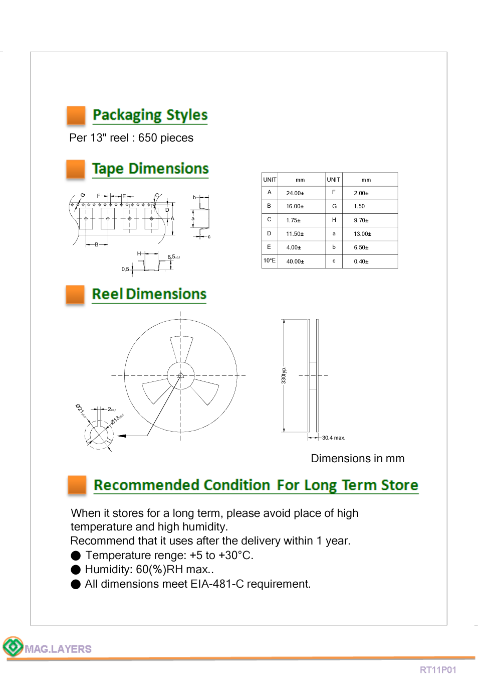 Reel dimensions | Mag Layers USA RT11P01 User Manual | Page 6 / 7