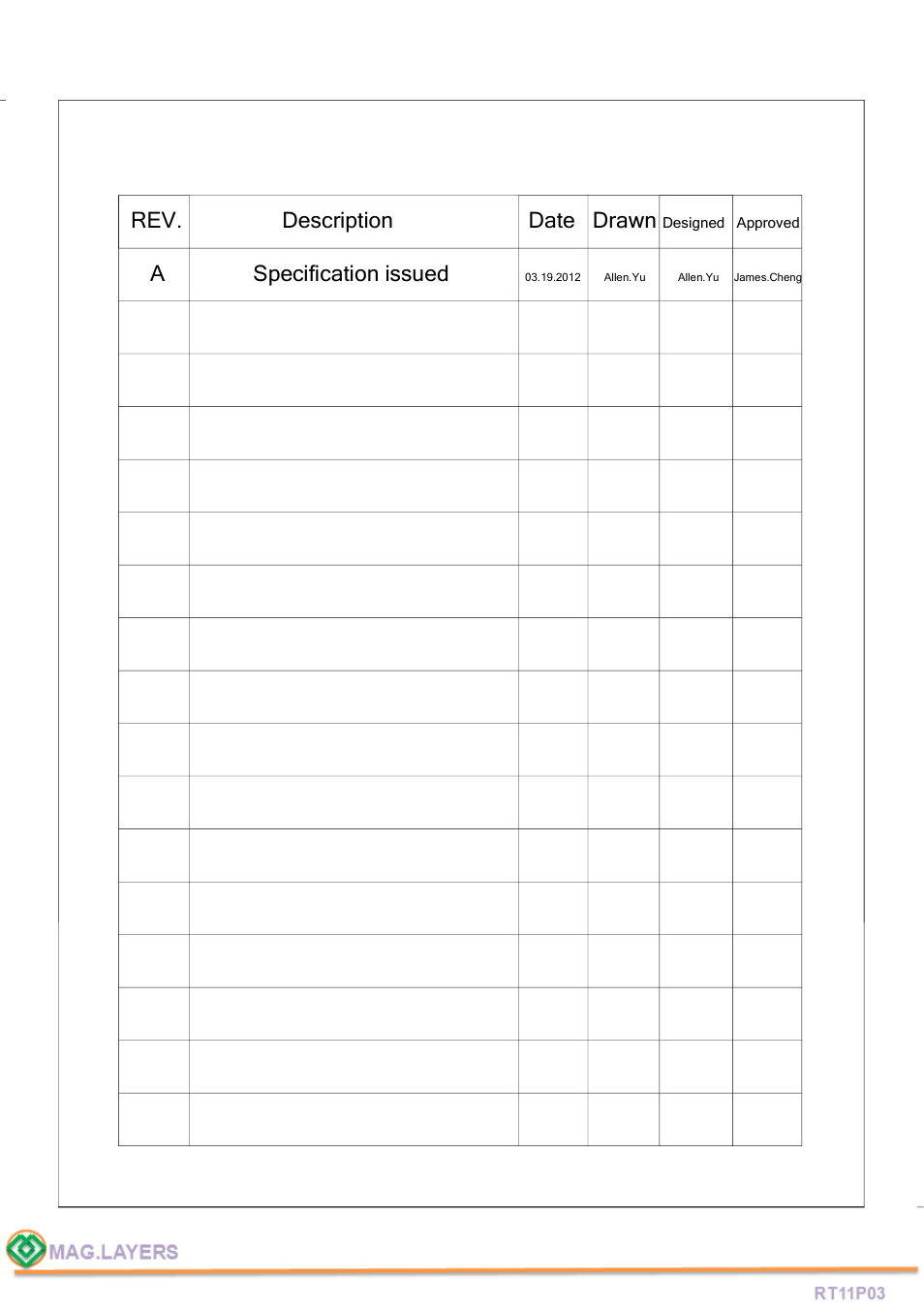 Rev. description date drawn, A specification issued | Mag Layers USA RT11P03 User Manual | Page 2 / 7