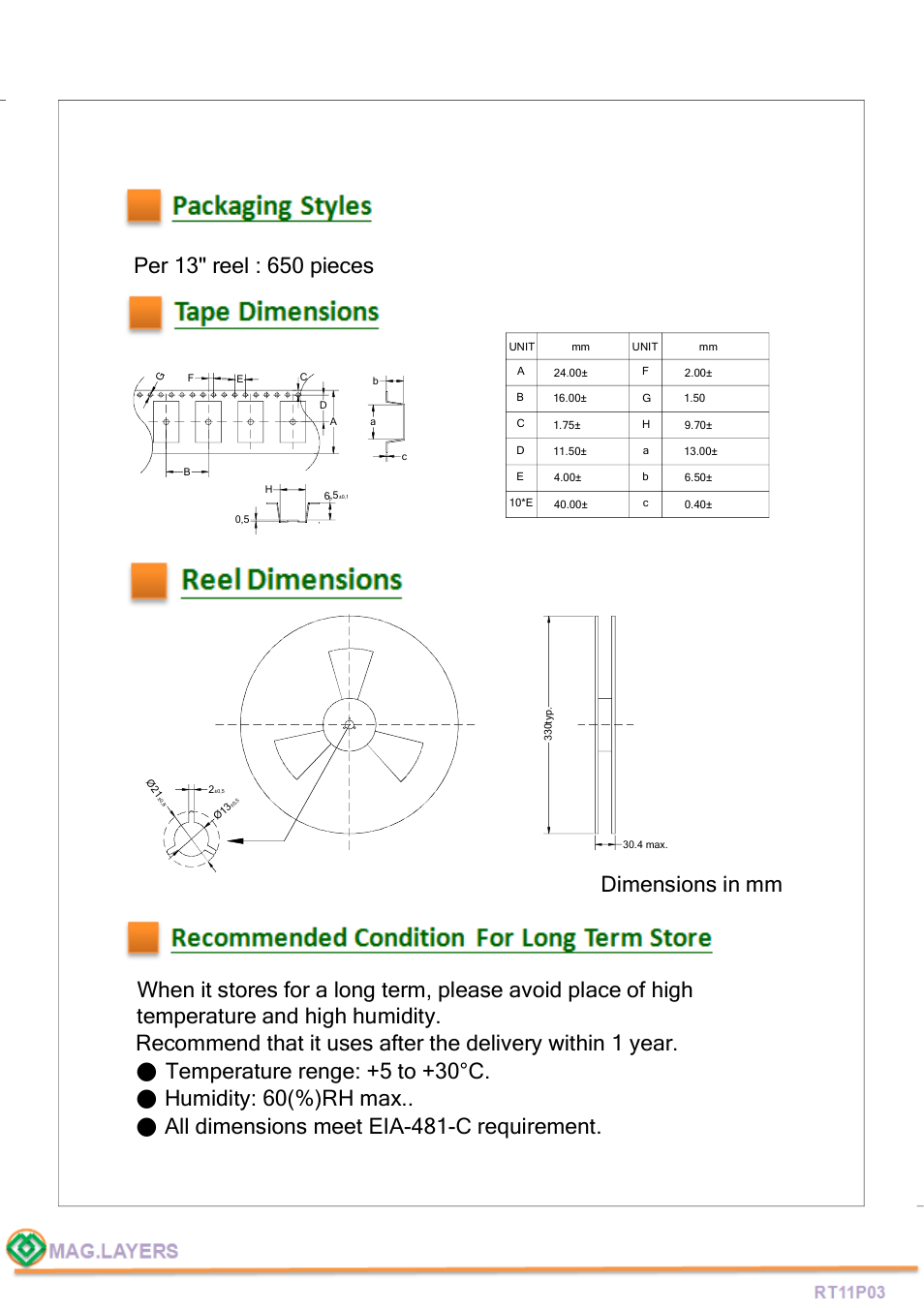 Reel dimensions | Mag Layers USA RT11P03 User Manual | Page 6 / 7