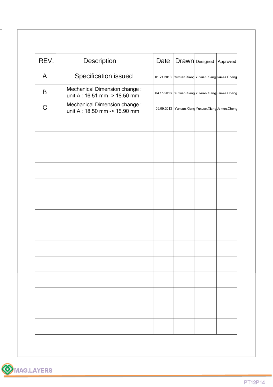 Rev. description date drawn, A specification issued | Mag Layers USA RT12P14 User Manual | Page 2 / 7