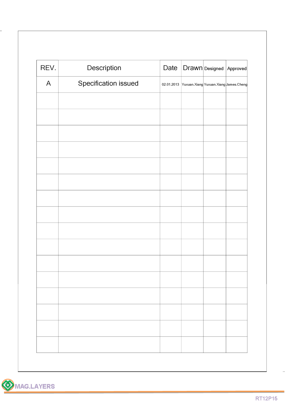 Rev. description date drawn, A specification issued | Mag Layers USA RT12P15 User Manual | Page 2 / 5